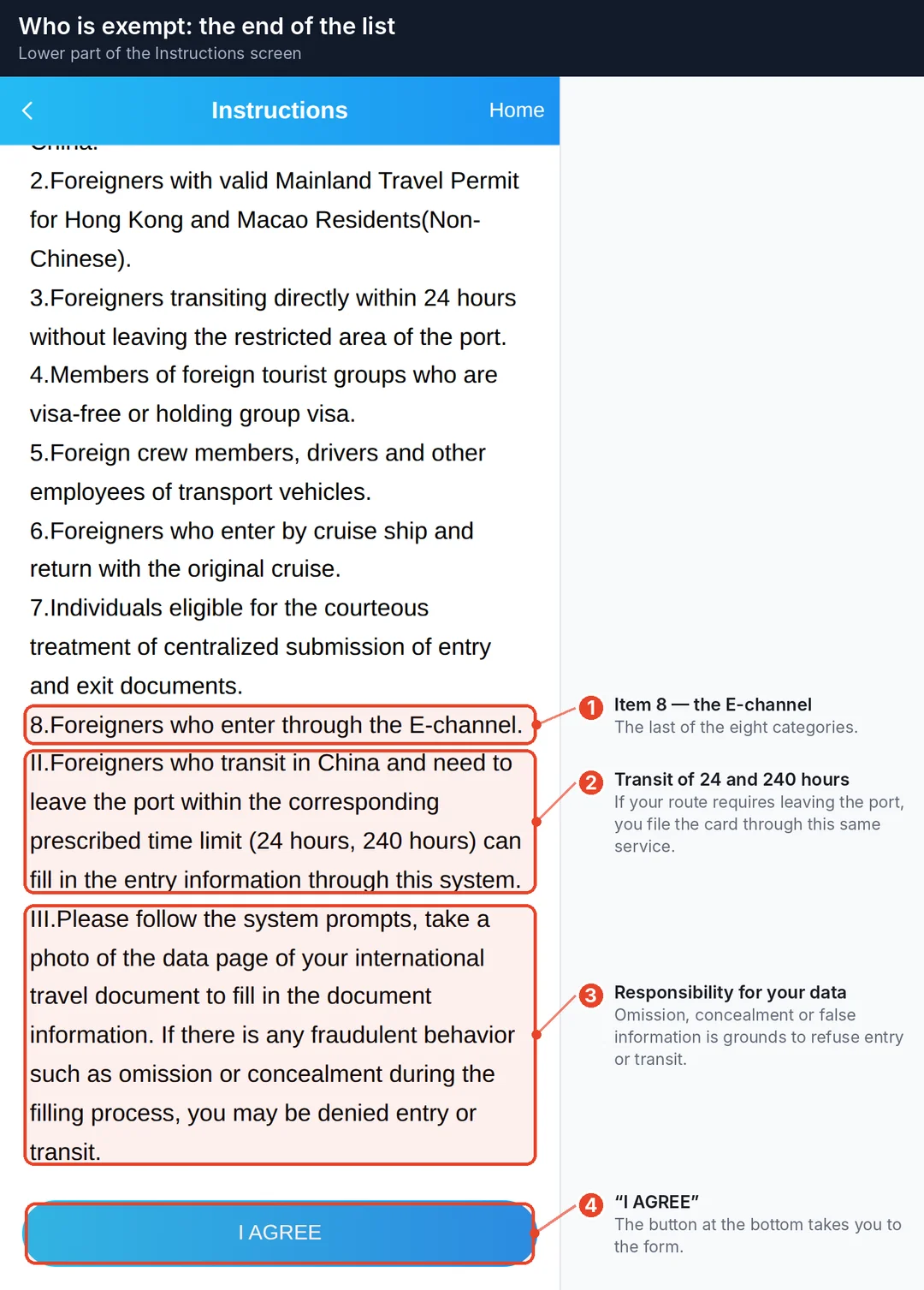 The Instructions screen: exemptions and transit