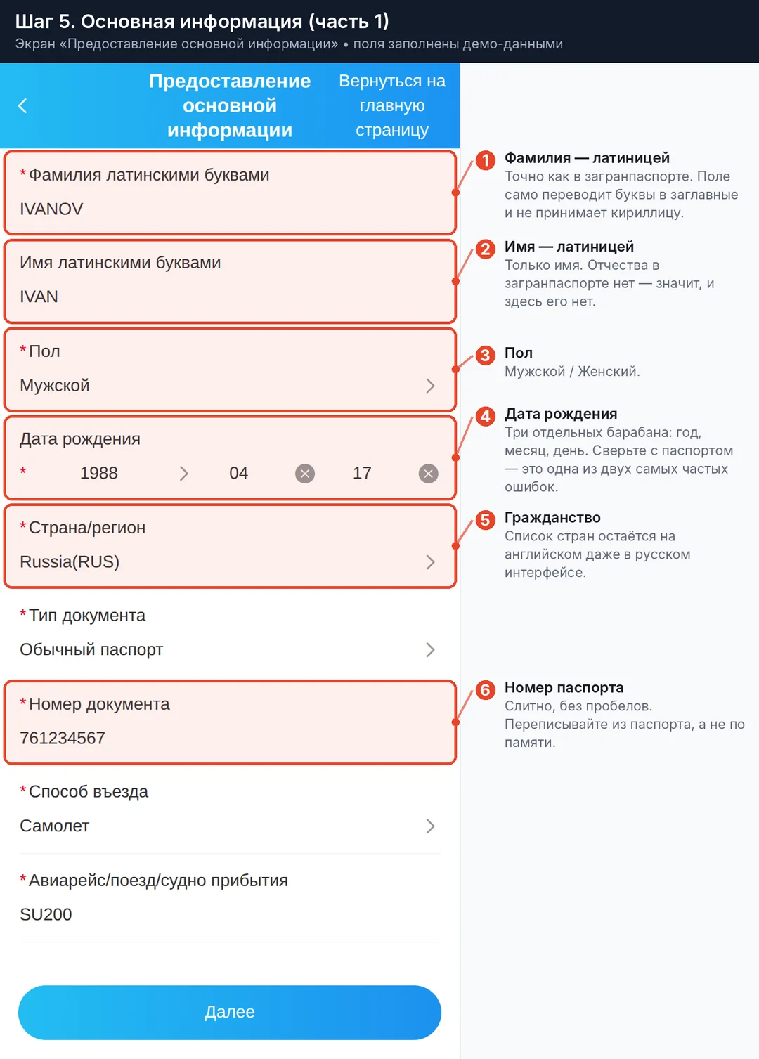Основная информация, верхняя часть