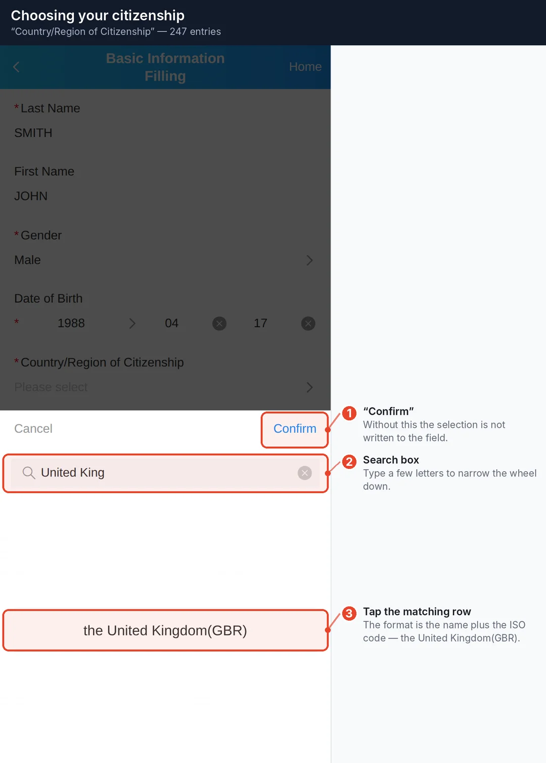 Searching the country list