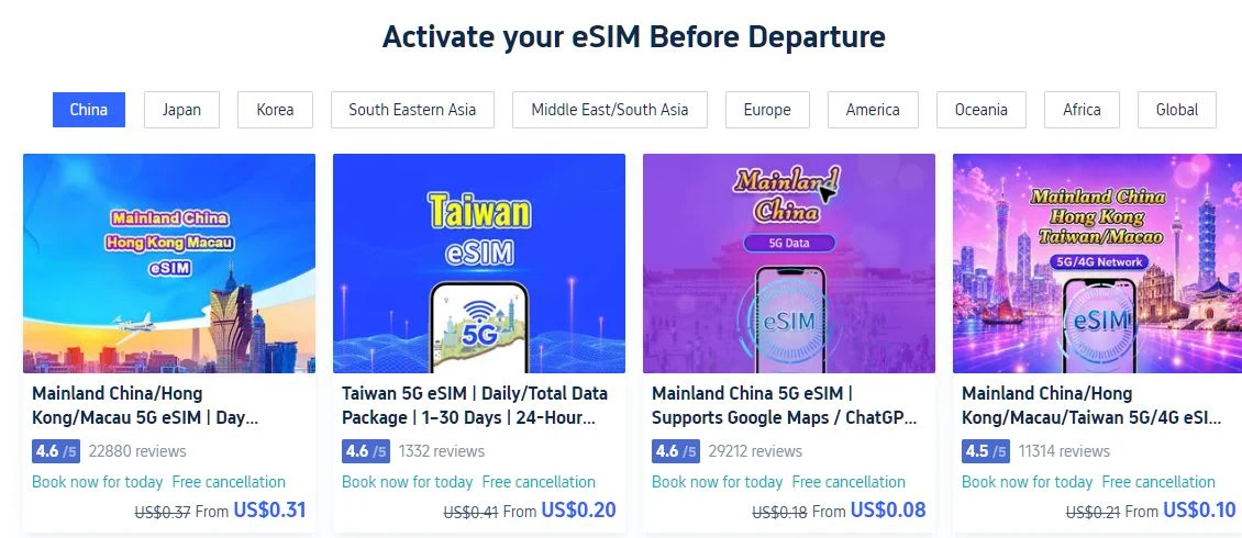 Trip.com English eSIM catalog with regional packages