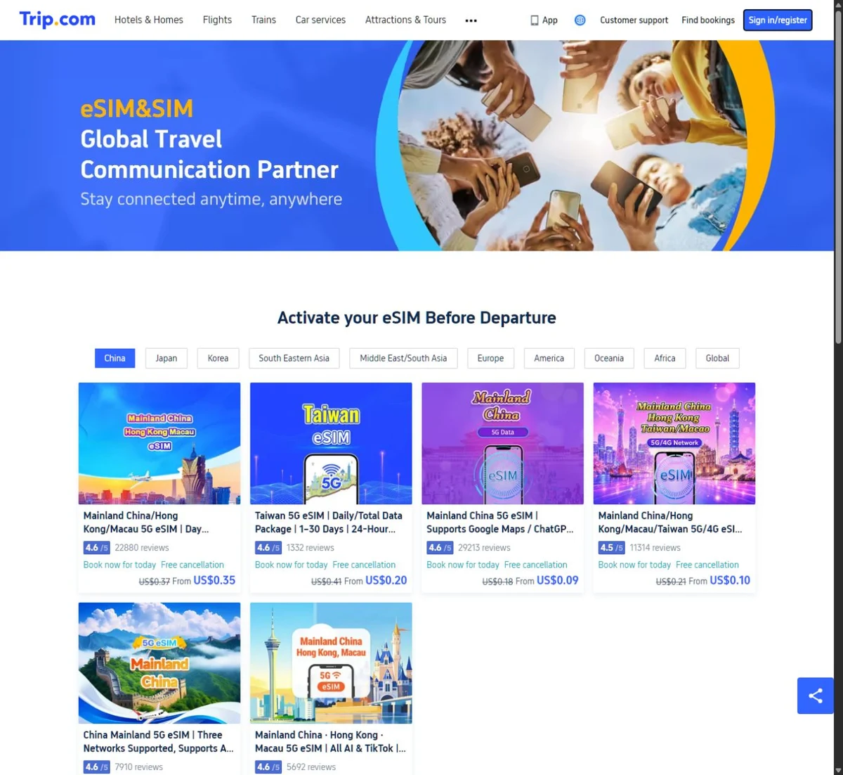 Trip.com English website with Sign in/register in the top-right corner