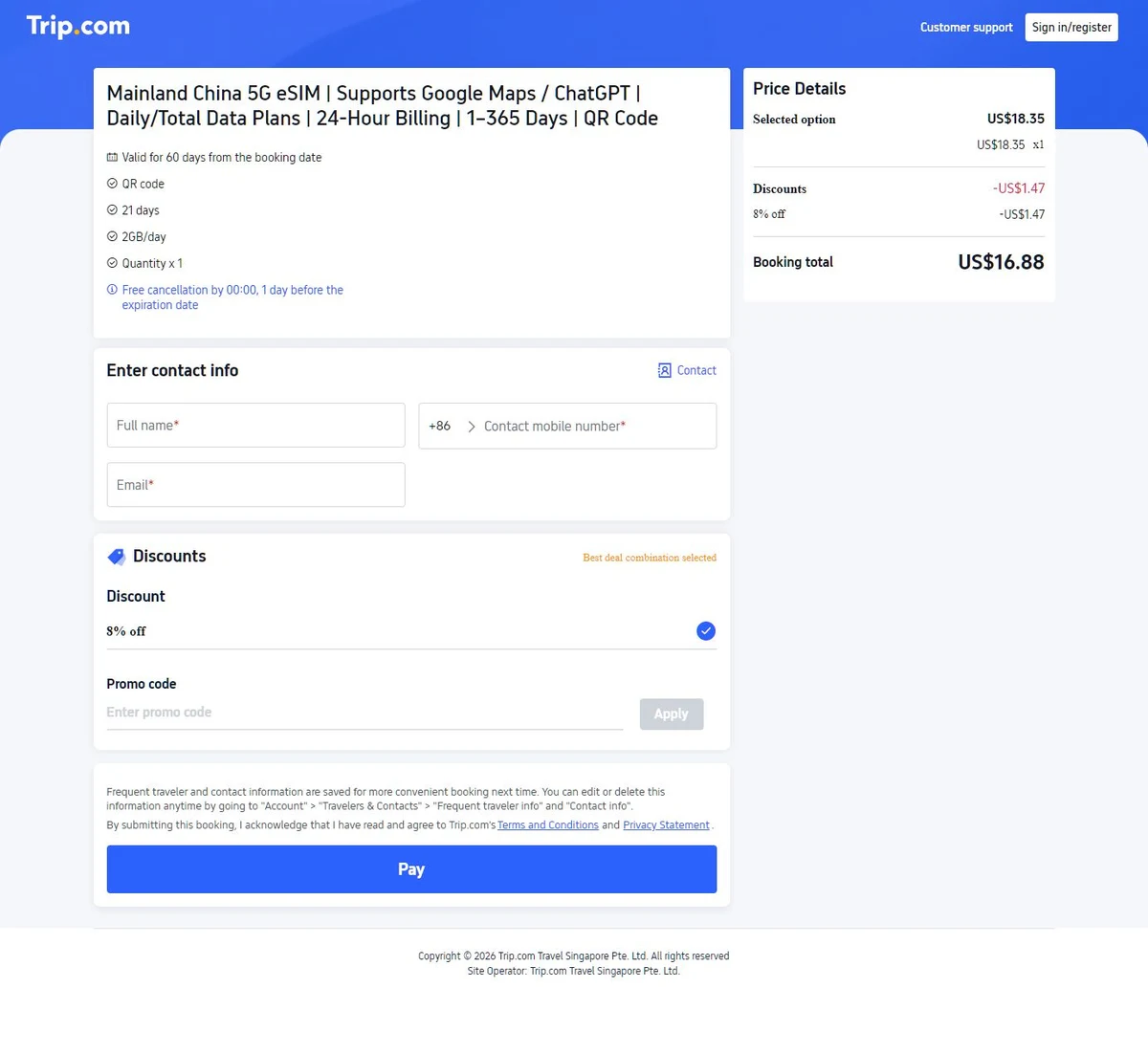 Trip.com contact fields for full name, telephone number and email