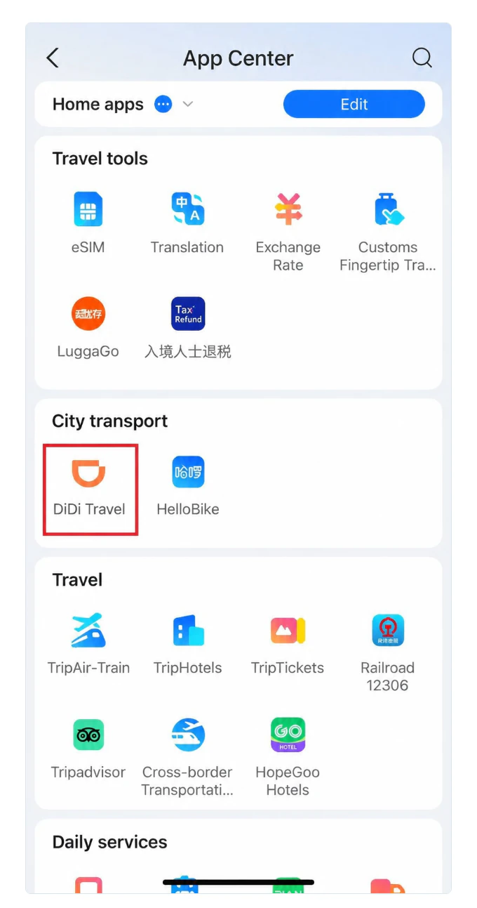 DiDi Travel in the city transport section