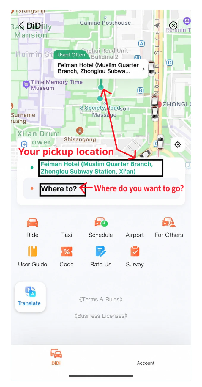 The green pickup address and Where to field in DiDi