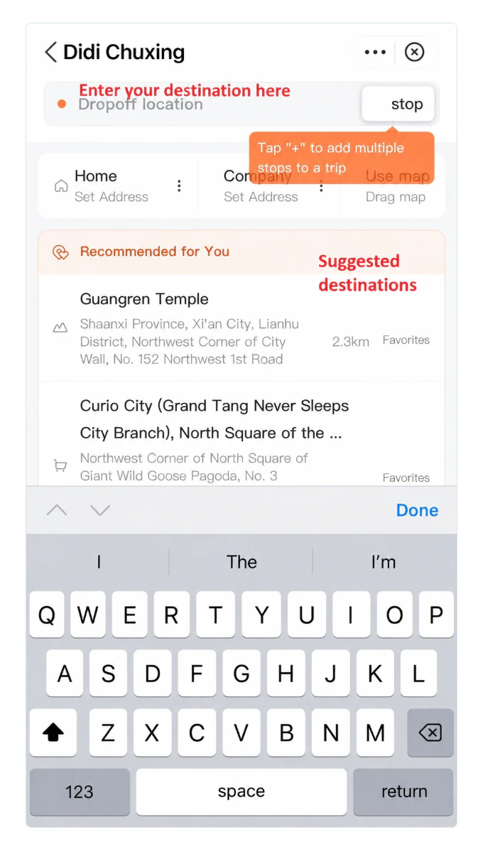 The Dropoff location field for entering a destination