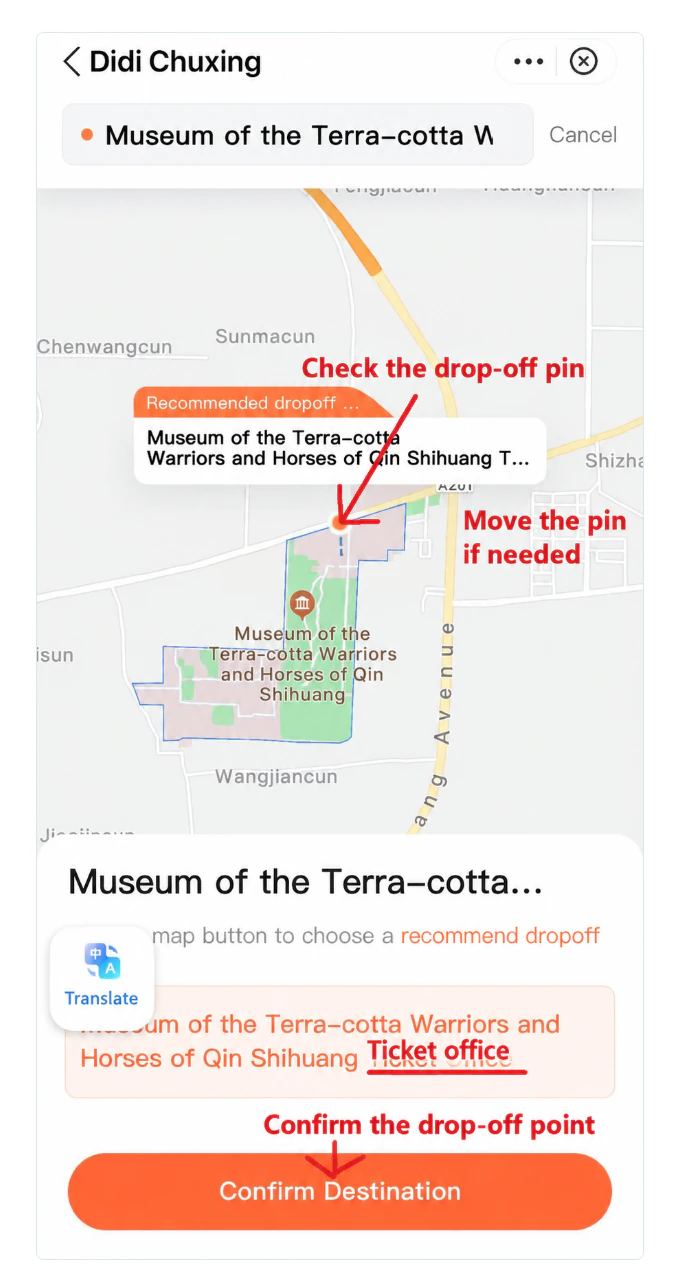 The drop-off point and Confirm Destination button