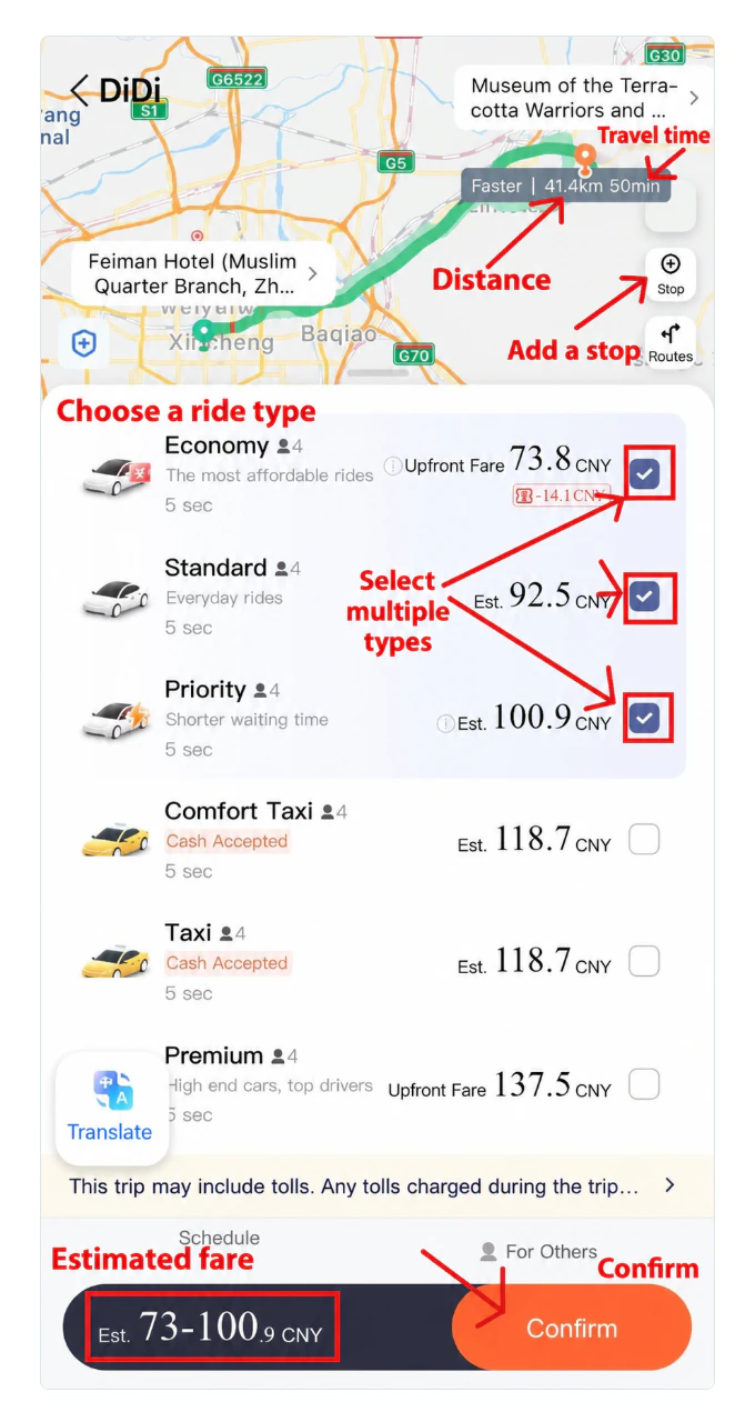Car categories, fare estimates and the Confirm button