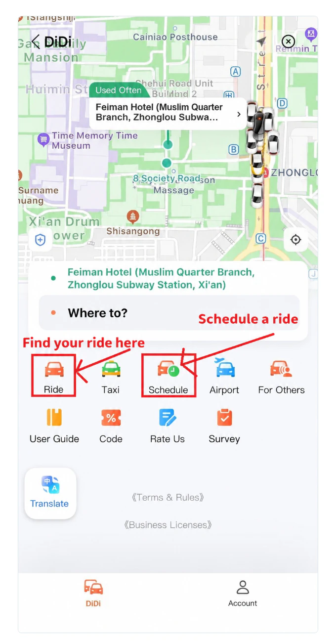 Ride for returning to a booking and Schedule for booking ahead