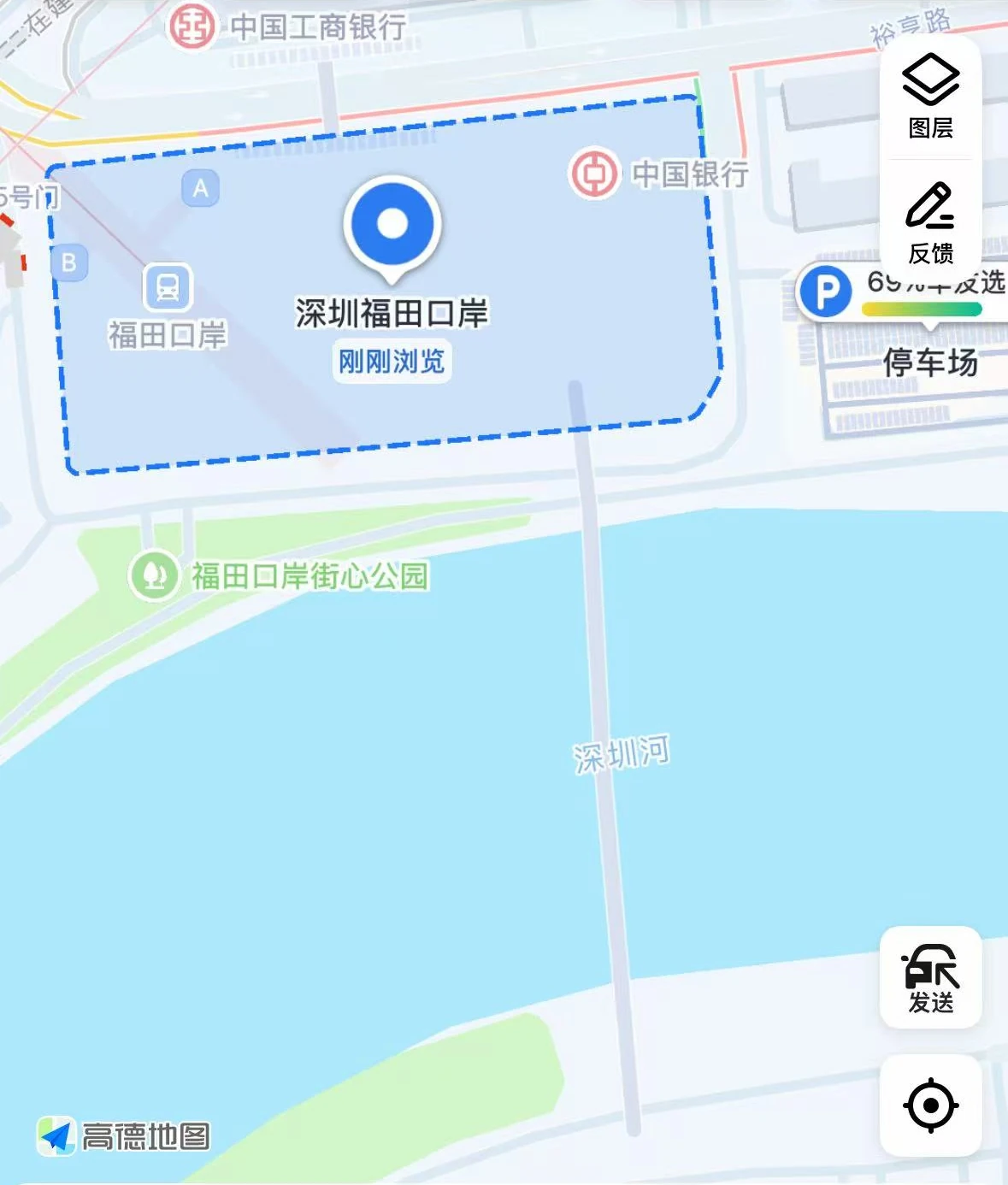 Gaode Map showing the Shenzhen Futian Port border crossing and the Shenzhen River