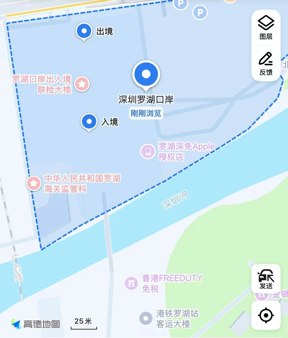 Gaode Map showing Shenzhen Luohu Port with separate markers for exit and entry
