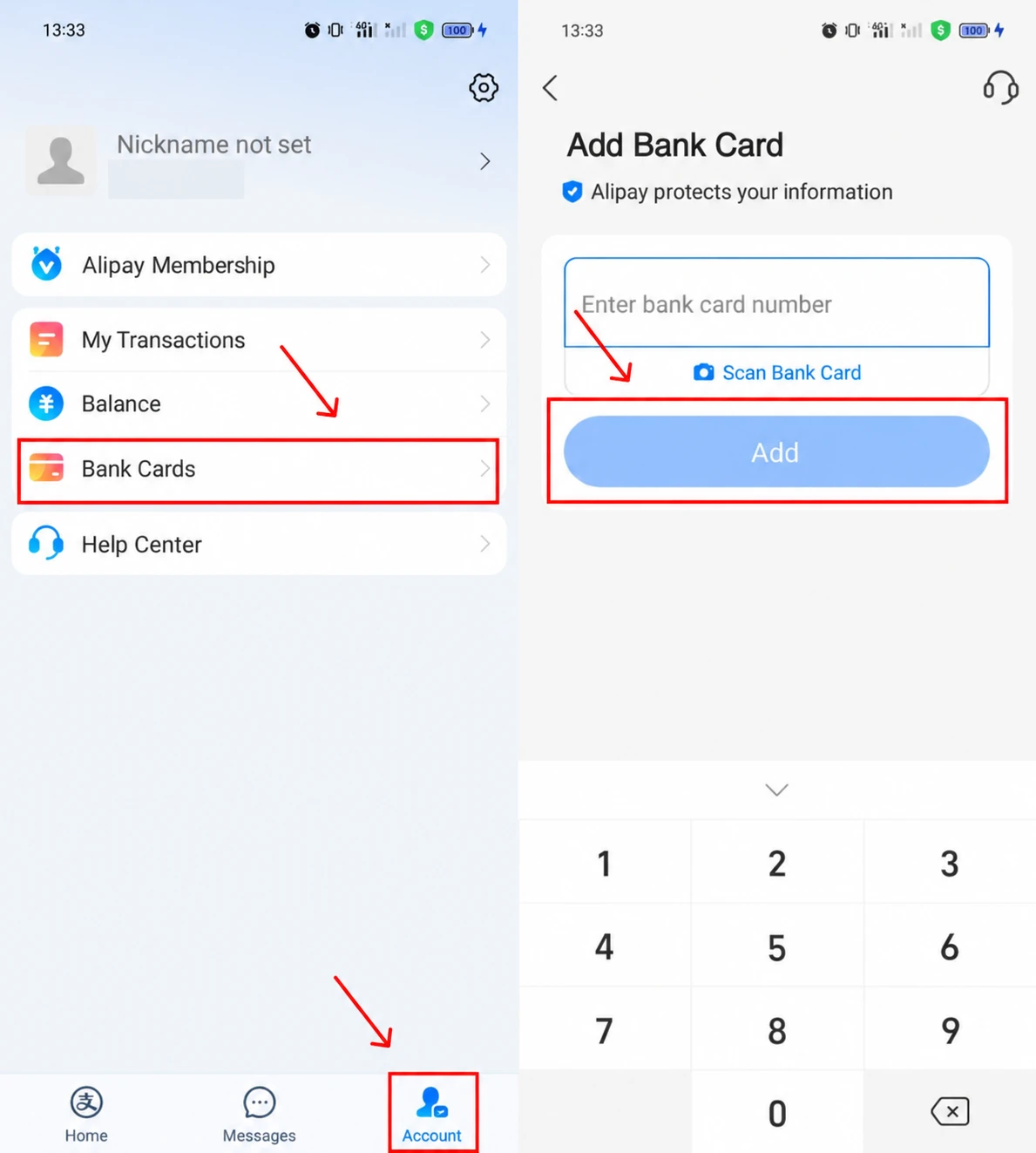 Adding a bank card