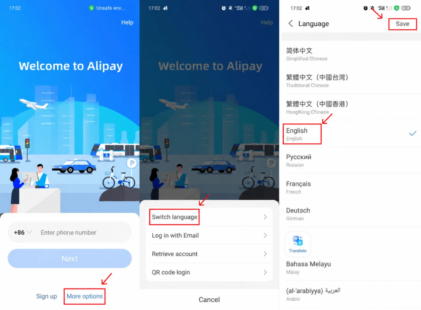 Language selection on the login screen